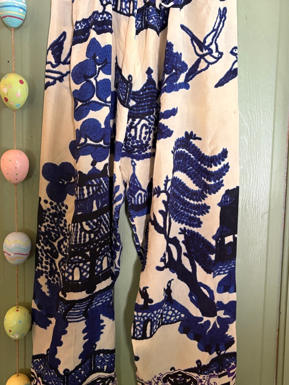 Wide Leg Printed Pants in Blue and Cream
